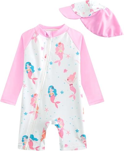 DivingBirds Baby Girl Long Sleeve Swimsuit with Sun Hat - Toddler One Piece Rash Guard Bathing Suit Zip 3Months-3T in Saudi Arabia