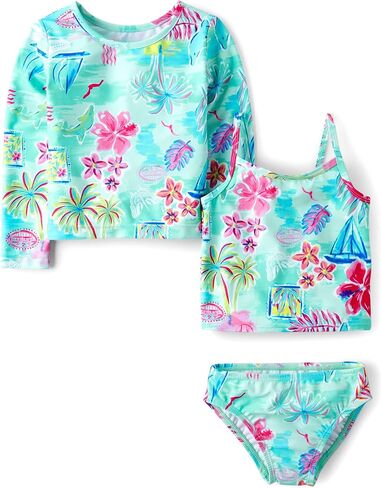 The Children's Place Baby Girls' and Toddler Long Sleeve Rashguard and Tankini Swimsuit, 3 Piece Set in Kuwait