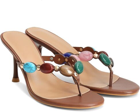 Jeweled Flip Flop Kitten Heels for Women Open Toe Beaded Strappy High Heels Sandals Slip On Thong Heeled Mules Mid Heel Fashion Party Dress Shoes in Saudi Arabia