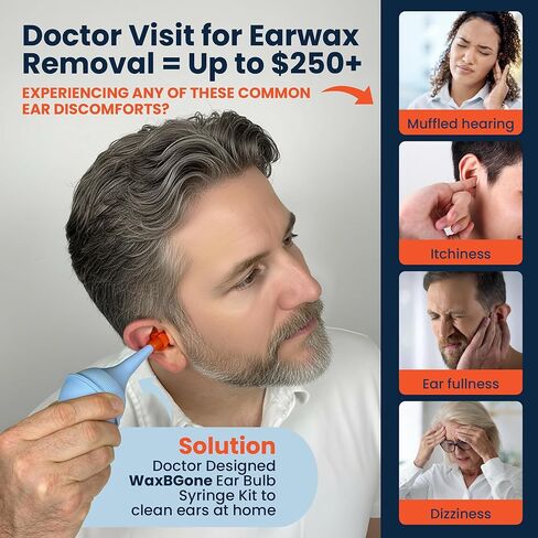 مجموعة إزالة شمع الأذن من WaxBgone مع قطرات وحقنة كبيرة لمصباح الأذن بوزن 2 أونصة - مجموعة تنظيف الأذن الآمنة والفعالة للبالغين والأطفال - تركيبة تليين الشمع تعمل على تخفيف شمع الأذن مع عمل رغوي لطيف - 0.5 أونصة. in Kuwait