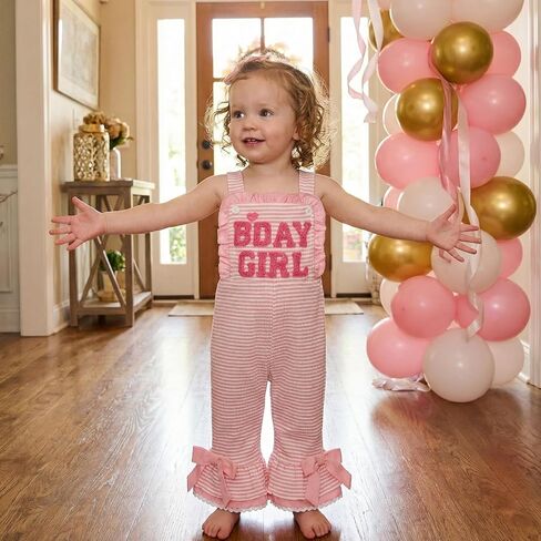 Toddler Kids Girl Birthday Outfit B-Day Party Overalls 1st 2nd 3rd 4th 5th BDay Romper Striped Bell Bottoms Jumpsuit in Kuwait