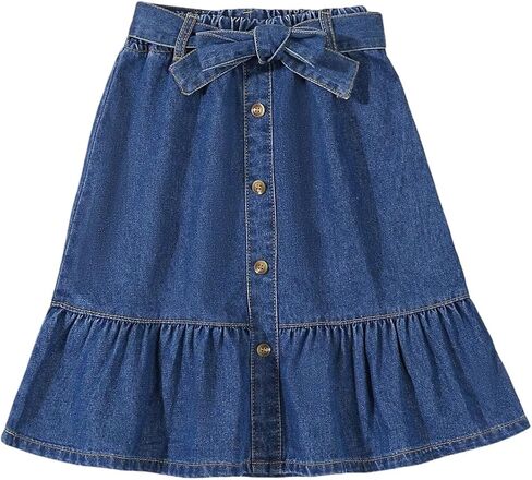 Floerns Toddler Girl's Button A Line Belted Denim Skirt Elastic Waist Midi Jean Skirts in Kuwait