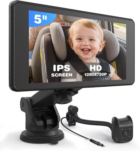 Baby Car Camera Monitor | 5" 1080P IPS Suction Cup Screen - 360° Rotation IR Night Vision 3X Zoom - USB Powered Headrest Mount for Baby Car Cam in Saudi Arabia