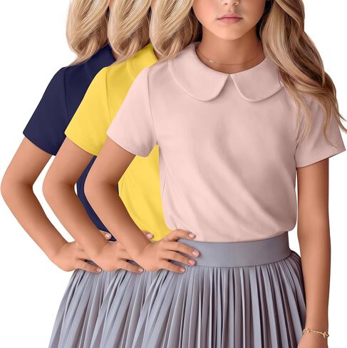 3 Pack Toddler Girls Shirts Kids Collared Blouse Baby Short Sleeve Tops Casual Summer School Uniform Tees 3t-12y in Saudi Arabia