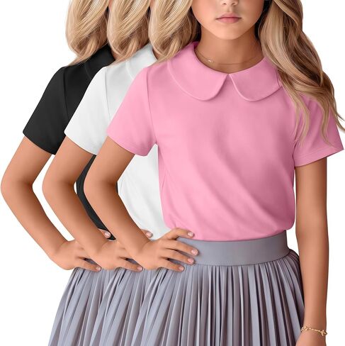 3 Pack Toddler Girls Shirts Kids Collared Blouse Baby Short Sleeve Tops Casual Summer School Uniform Tees 3t-12y in Saudi Arabia