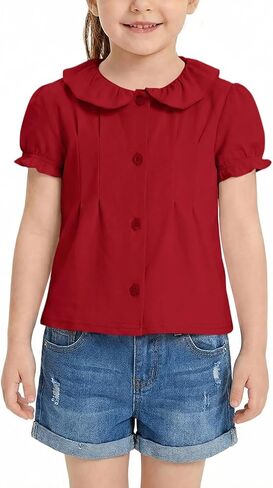 Haloumoning Toddler Baby Girls Puff Sleeve Button Down Shirts Kids Peter Pan Collar Blouse School Uniform Shirt 9M-8Y in Kuwait
