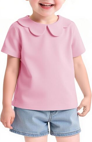 Haloumoning Toddler Baby Girls Short Sleeve Shirts Peter Pan Collar Blouse Kids Solid Color Casual Tee Tops 9M-8Y in Kuwait