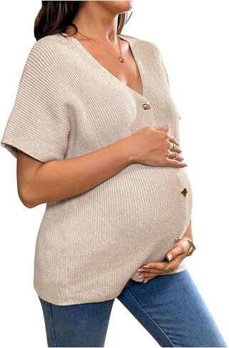 MakeMeChic Women's Maternity Summer Clothes V Neck Sweater Short Sleeve Button Pregnancy Tops in Kuwait