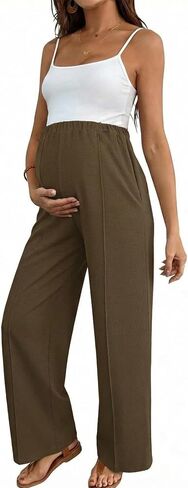 BLENCOT Women's Maternity Pants Work Adjustable Waisted Wide Leg Waffle Knit Trousers Pregnancy Clothes with Pockets in Kuwait