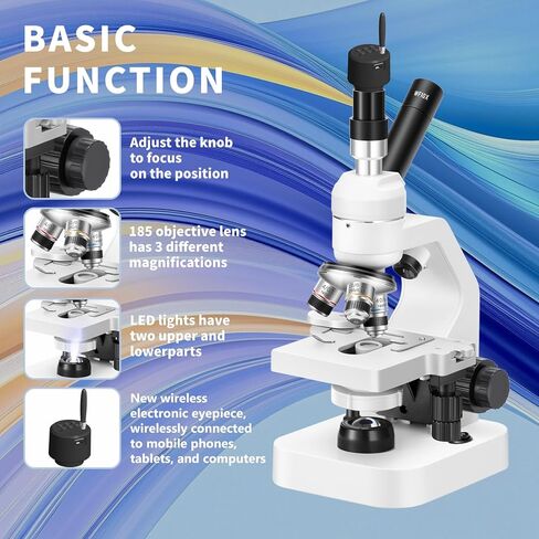 Microscope 40x-2000 مرة التكبير ، مصابيح LED العلوية والسفلية ، مرحلة الطبقة المزدوجة ، طلاب المدارس الأولية والثانوية ، المجهر المركب للأطفال (العدسة الإلكترونية WiFi) in Saudi Arabia