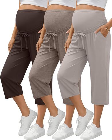 3 Pack Maternity Capri Pants Soft Over The Belly Knit Pregnancy Pants Loose Stretchy Lounge Pajama with Pockets in Kuwait