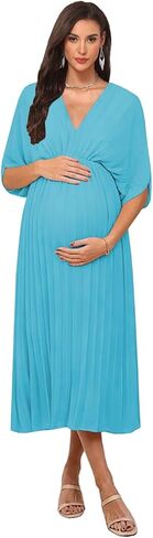 Women’s Chiffon Maternity Dresses for Photoshoot Pleated Short Sleeves V Neck Tea Length Baby Shower Dress in Saudi Arabia