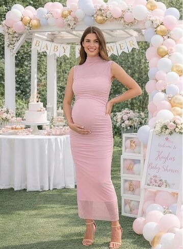 Ecavus Women's Mock Neck Ruched Maternity Midi Dress for Baby Shower Sleeveless Mesh Bodycon Pregnancy Dress in Saudi Arabia