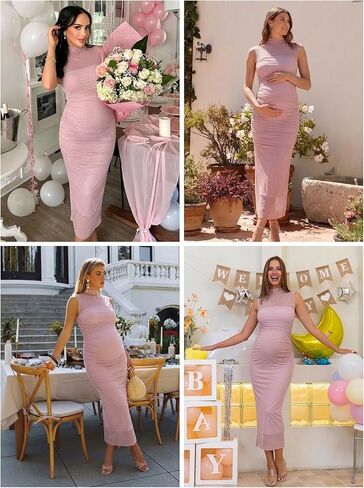 Ecavus Women's Mock Neck Ruched Maternity Midi Dress for Baby Shower Sleeveless Mesh Bodycon Pregnancy Dress in Saudi Arabia