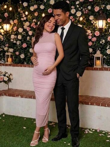 Ecavus Women's Mock Neck Ruched Maternity Midi Dress for Baby Shower Sleeveless Mesh Bodycon Pregnancy Dress in Saudi Arabia