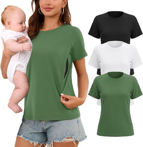 Ecavus One-Handed Zipper Nursing Shirts for Breastfeeding - 3 Pack Women's Short Sleeve Nursing Tops Round Neck Maternity Top in Kuwait