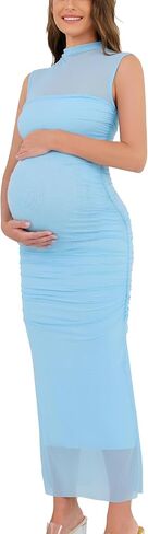 Ecavus Women's Mock Neck Ruched Maternity Midi Dress for Baby Shower Sleeveless Mesh Bodycon Pregnancy Dress in Saudi Arabia