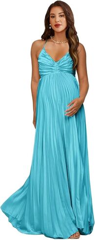 Satin Maternity Dress for Photoshoot V Neck Pleated Pregnancy Dresses Spaghetti Straps Baby Shower Dress in Kuwait