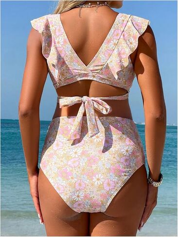 Floerns المرأة الصيف عطلة الأمومة بيكيني مجموعات الأزهار كشكش عالية الخصر الحمل 2 قطعة ثوب السباحة in Kuwait