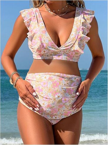 Floerns المرأة الصيف عطلة الأمومة بيكيني مجموعات الأزهار كشكش عالية الخصر الحمل 2 قطعة ثوب السباحة in Kuwait