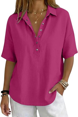 GOKKILRW Womens Cotton Linen Collared Shirt Button V-Neck Short Sleeve Summer Loose Fit Tops Casual Dressy Work Polo Shirts in Saudi Arabia
