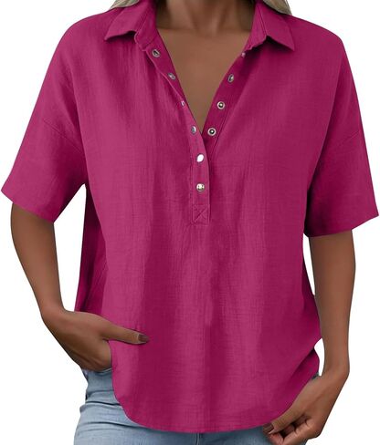 GOKKILRW Womens Cotton Linen Collared Shirt Button V-Neck Short Sleeve Summer Loose Fit Tops Casual Dressy Work Polo Shirts in Saudi Arabia