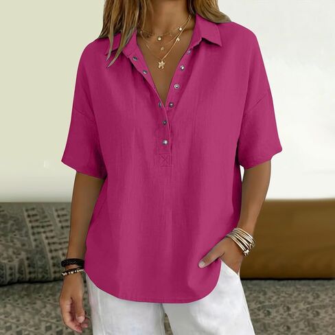 GOKKILRW Womens Cotton Linen Collared Shirt Button V-Neck Short Sleeve Summer Loose Fit Tops Casual Dressy Work Polo Shirts in Saudi Arabia