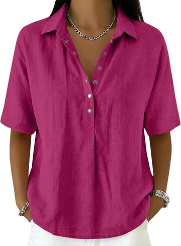 GOKKILRW Womens Cotton Linen Collared Shirt Button V-Neck Short Sleeve Summer Loose Fit Tops Casual Dressy Work Polo Shirts in Saudi Arabia