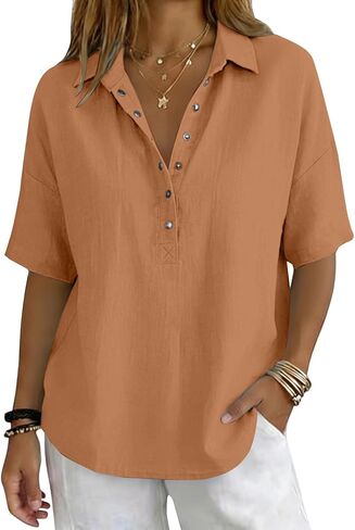 GOKKILRW Womens Cotton Linen Collared Shirt Button V-Neck Short Sleeve Summer Loose Fit Tops Casual Dressy Work Polo Shirts in Saudi Arabia