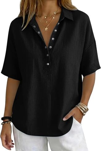 GOKKILRW Womens Cotton Linen Collared Shirt Button V-Neck Short Sleeve Summer Loose Fit Tops Casual Dressy Work Polo Shirts in Saudi Arabia