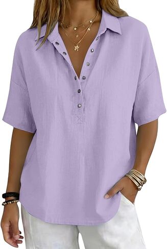 GOKKILRW Womens Cotton Linen Collared Shirt Button V-Neck Short Sleeve Summer Loose Fit Tops Casual Dressy Work Polo Shirts in Saudi Arabia