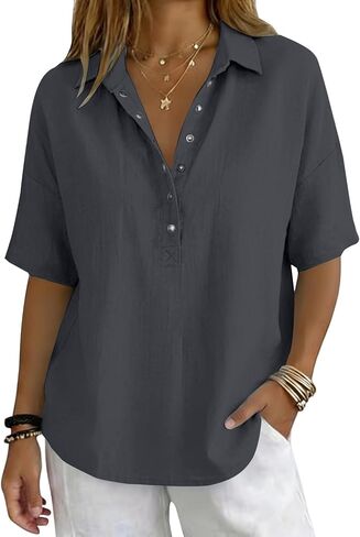 GOKKILRW Womens Cotton Linen Collared Shirt Button V-Neck Short Sleeve Summer Loose Fit Tops Casual Dressy Work Polo Shirts in Saudi Arabia