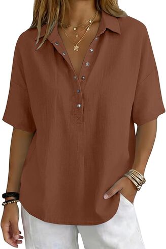 GOKKILRW Womens Cotton Linen Collared Shirt Button V-Neck Short Sleeve Summer Loose Fit Tops Casual Dressy Work Polo Shirts in Saudi Arabia