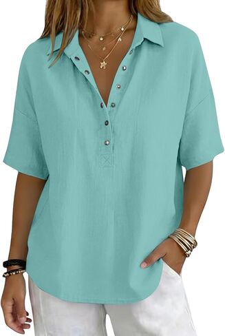 GOKKILRW Womens Cotton Linen Collared Shirt Button V-Neck Short Sleeve Summer Loose Fit Tops Casual Dressy Work Polo Shirts in Saudi Arabia