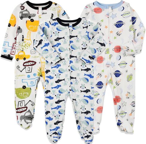 Aablexema Baby Footie Pajamas with Mittens - 3Pcs Infant Cotton Footed One Piece Sleepwear Outfits in Kuwait