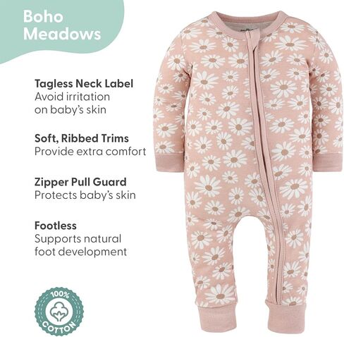 The Peanutshell 2-Pack Sleep and Play Baby Girl Clothes, Soft Cotton Footless Pajamas, Boho Meadow in Kuwait