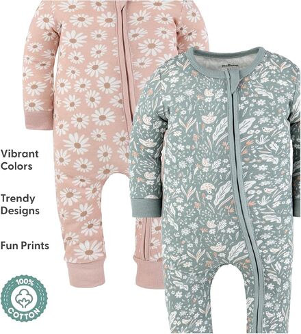 The Peanutshell 2-Pack Sleep and Play Baby Girl Clothes, Soft Cotton Footless Pajamas, Boho Meadow in Kuwait