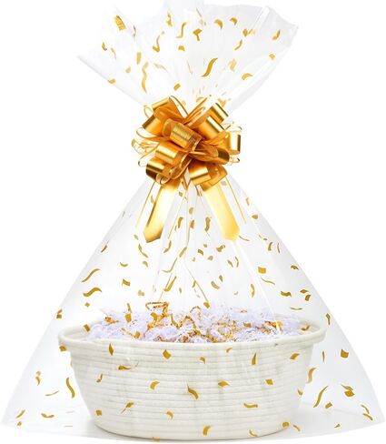 SUNCOLOR Small Woven Gift Basket Set with Cut Paper Shred Filler, Pull Bow & Cellophane Bag, 12x8x5 Inch Durable Cotton Rope Storage Basket for Easter, Baby Shower, Birthday, Holidays in Kuwait