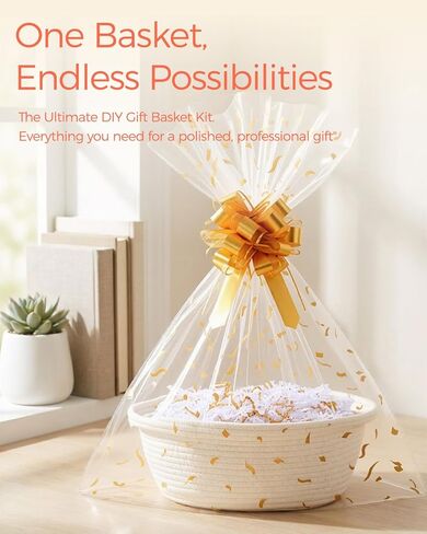SUNCOLOR Small Woven Gift Basket Set with Cut Paper Shred Filler, Pull Bow & Cellophane Bag, 12x8x5 Inch Durable Cotton Rope Storage Basket for Easter, Baby Shower, Birthday, Holidays in Kuwait