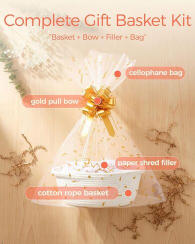 SUNCOLOR Small Woven Gift Basket Set with Cut Paper Shred Filler, Pull Bow & Cellophane Bag, 12x8x5 Inch Durable Cotton Rope Storage Basket for Easter, Baby Shower, Birthday, Holidays in Kuwait