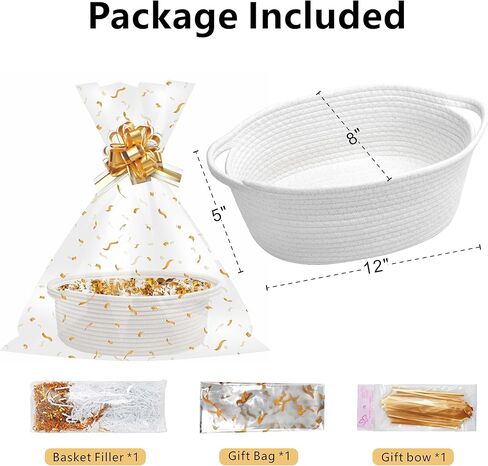 SUNCOLOR Small Woven Gift Basket Set with Cut Paper Shred Filler, Pull Bow & Cellophane Bag, 12x8x5 Inch Durable Cotton Rope Storage Basket for Easter, Baby Shower, Birthday, Holidays in Kuwait