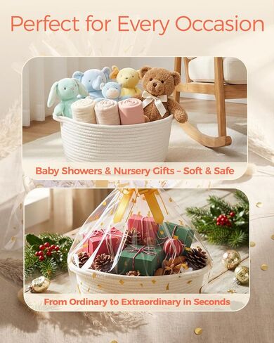 SUNCOLOR Small Woven Gift Basket Set with Cut Paper Shred Filler, Pull Bow & Cellophane Bag, 12x8x5 Inch Durable Cotton Rope Storage Basket for Easter, Baby Shower, Birthday, Holidays in Kuwait