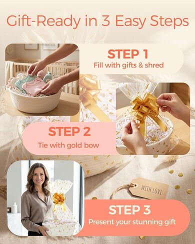 SUNCOLOR Small Woven Gift Basket Set with Cut Paper Shred Filler, Pull Bow & Cellophane Bag, 12x8x5 Inch Durable Cotton Rope Storage Basket for Easter, Baby Shower, Birthday, Holidays in Kuwait