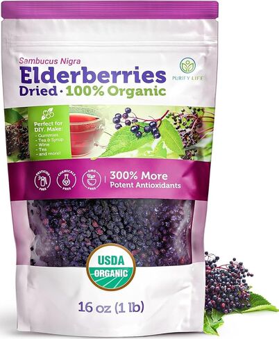 3rd Party Lab Tested - USDA Organic Dried Elderberries 1lb Bulk (Safest Packaging, Resealable Bag, BPA-Free Scoop) Natural, non-irradiated, Raw Whole Black Sambucus Elderberry Syrup, 1 Pound, No Sugar in Kuwait