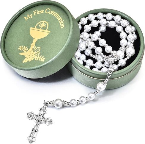 Merroyal Glass Pearl First Communion Rosary with Chalice Centerpiece and Ornate Crucifix, Boys and Girls, Includes Holy Cup Metal Gift Box and Satin Drawstring Bag in Saudi Arabia