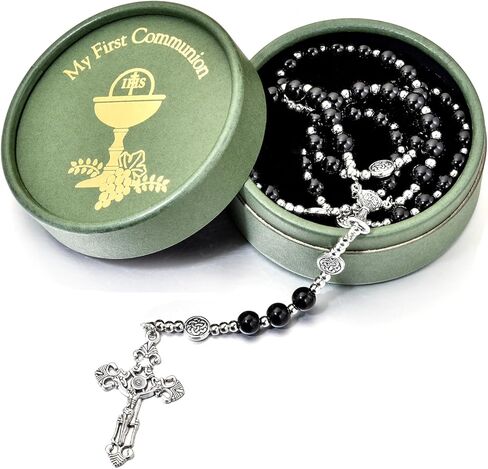 Merroyal Glass Pearl First Communion Rosary with Chalice Centerpiece and Ornate Crucifix, Boys and Girls, Includes Holy Cup Metal Gift Box and Satin Drawstring Bag in Saudi Arabia