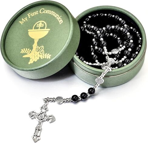 Merroyal Glass Pearl First Communion Rosary with Chalice Centerpiece and Ornate Crucifix, Boys and Girls, Includes Holy Cup Metal Gift Box and Satin Drawstring Bag in Saudi Arabia