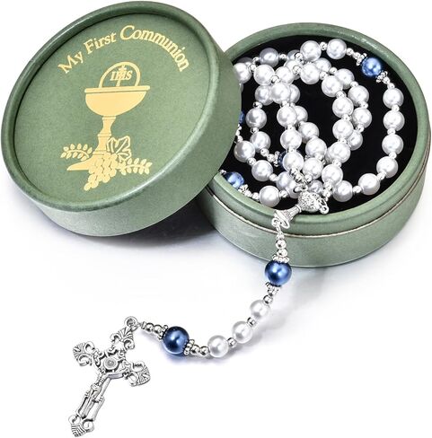 Merroyal Glass Pearl First Communion Rosary with Chalice Centerpiece and Ornate Crucifix, Boys and Girls, Includes Holy Cup Metal Gift Box and Satin Drawstring Bag in Saudi Arabia