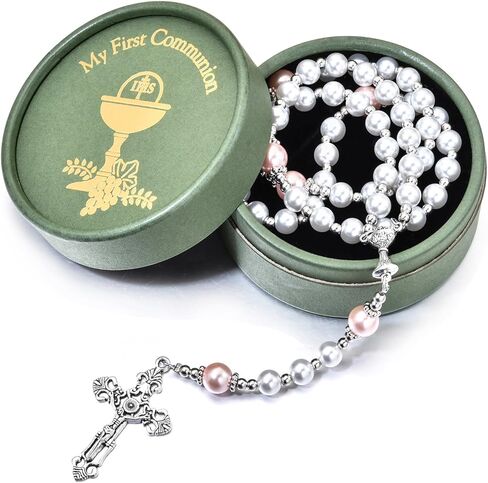 Merroyal First Communion Rosary with Glass Pearl Beads, Ornate Crucifix and Chalice Centerpiece, 18.5 Inches, Gift Box and Satin Bag Included in Kuwait