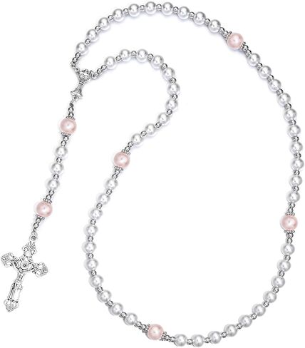 Merroyal First Communion Rosary with Glass Pearl Beads, Ornate Crucifix and Chalice Centerpiece, 18.5 Inches, Gift Box and Satin Bag Included in Kuwait